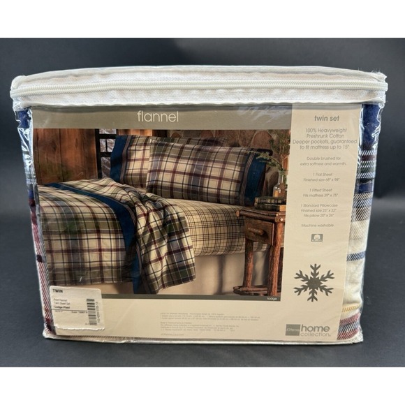 Vtg JCPenney Home Flannel Lodge Plaid Sheet Set Twin Size 100% Heavy Cotton - Picture 3 of 8